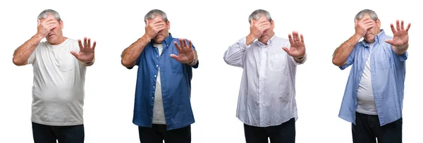 Collage Senior Hoary Man White Remote Backgroud Covering Eyes Hands — Foto Stock