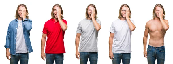 Collage Stilig Ung Man Bär Casual Look Över Vita Isolerade — Stockfoto