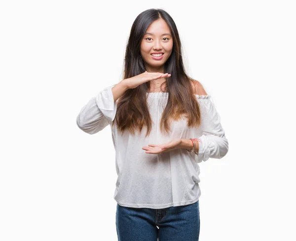 Junge Asiatische Frau Über Isoliertem Hintergrund Gestikulierend Mit Händen Die — Stockfoto