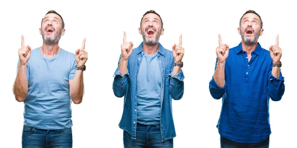 Collage Guapo Hombre Edad Alzado Pie Con Camisa Azul Sobre — Foto de Stock