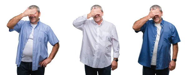 Collage Senior Hoary Man White Isolated Backgroud Smiling Laughing Hand — Stock Photo, Image