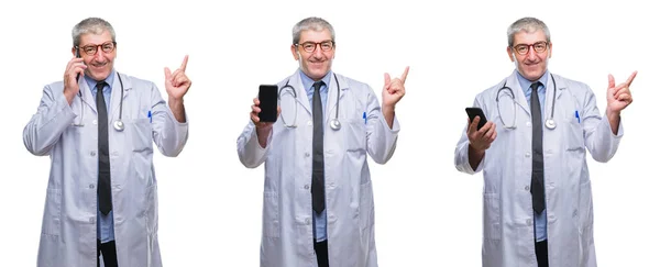 Colagem Idoso Hoary Médico Homem Falando Telefone Sobre Branco Isolado — Fotografia de Stock