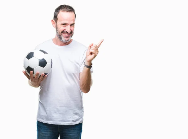 Hoary Senior Mann Mittleren Alters Hält Fußball Ball Über Isolierten — Stockfoto