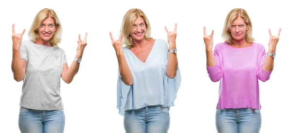 Collage Vackra Medelålders Blond Kvinna Över Vita Isolerade Backgroud Skrika — Stockfoto
