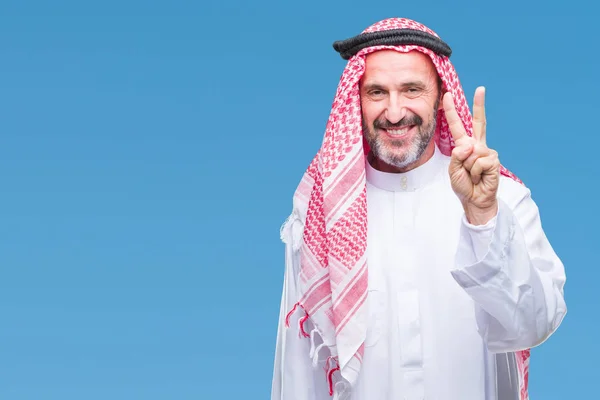 Magas Rangú Arab Ember Keffiyeh Elszigetelt Háttér Bemutatás Ujjal Felfelé — Stock Fotó