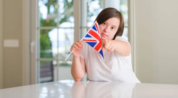 Syndrome Woman Home Holding Flag Pointing Finger Camera You Hand — Stock Photo, Image
