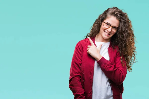 Jong Meisje Mooie Brunette Krullend Haar Jas Bril Dragen Geïsoleerde — Stockfoto