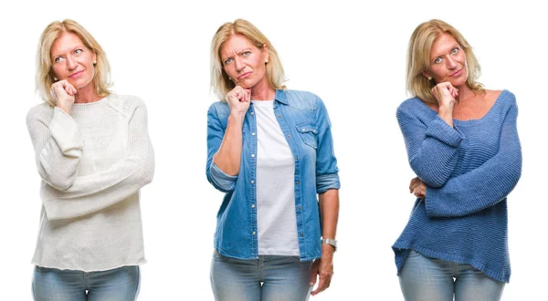 Collage Hermosa Mujer Rubia Mediana Edad Sobre Fondo Blanco Aislado —  Fotos de Stock