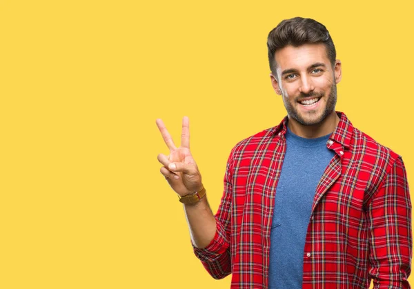 Jovem Homem Bonito Sobre Fundo Isolado Sorrindo Com Rosto Feliz — Fotografia de Stock