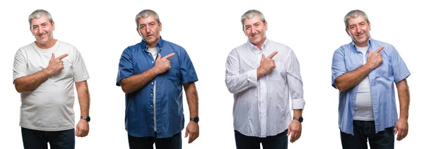 Collage Van Senior Hoary Man Witte Geïsoleerde Backgroud Vrolijk Met — Stockfoto