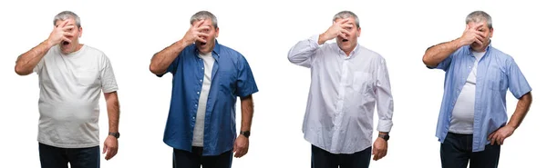 Collage Senior Hoary Man White Isolated Backgroud Peeking Shock Covering — Foto de Stock