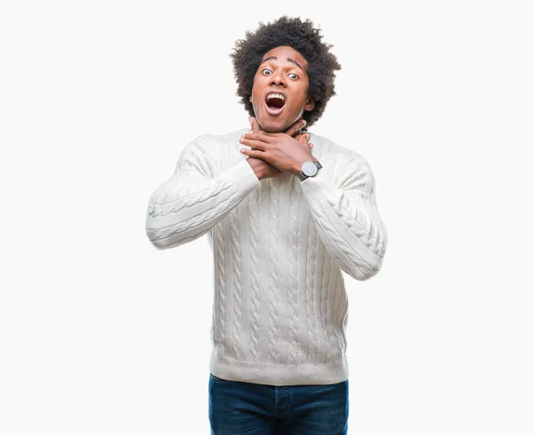 Afro American Man Isolated Background Shouting Suffocate Because Painful Strangle — Stock Photo, Image