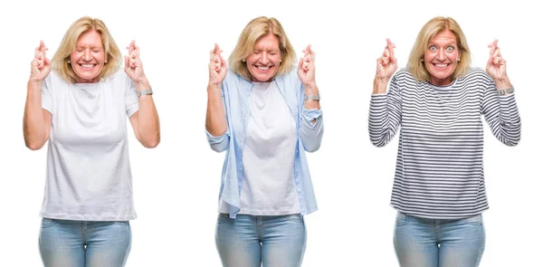 Collage Van Middenleeftijd Mooie Blonde Vrouw Witte Geïsoleerde Backgroud Glimlachend — Stockfoto