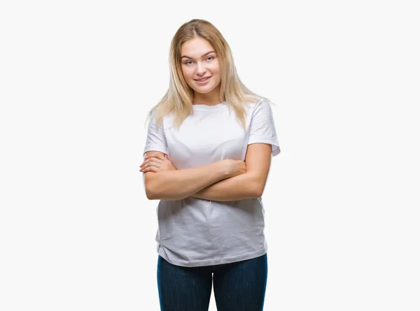 Young Caucasian Woman Isolated Background Happy Face Smiling Crossed Arms — Stock Photo, Image