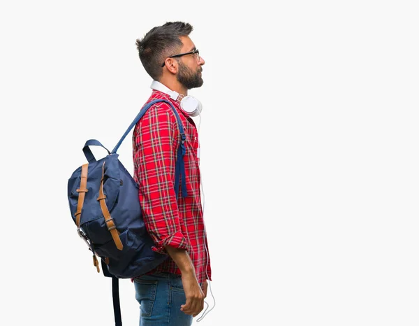 Homem Estudante Hispânico Adulto Usando Fones Ouvido Mochila Sobre Fundo — Fotografia de Stock