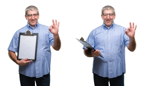 Collage Eines Hochrangigen Geschäftsmannes Mit Klemmbrett Über Weißem Isoliertem Hintergrund — Stockfoto