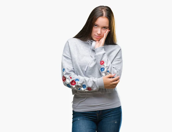 Młody Piękny Student Kaukaski Kobieta Noszenia Słuchawek Patrząc Myślenia Białym — Zdjęcie stockowe