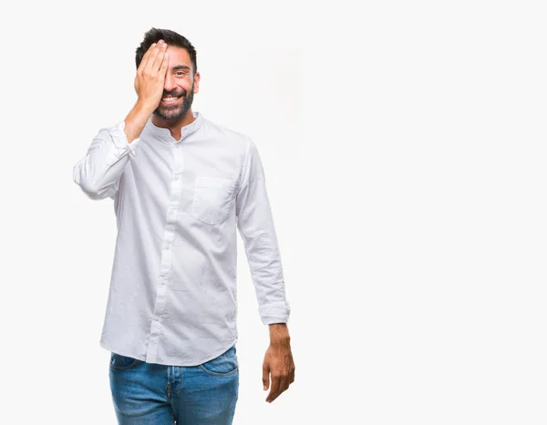 Adult Hispanic Man Isolated Background Covering One Eye Hand Confident — Stock Photo, Image