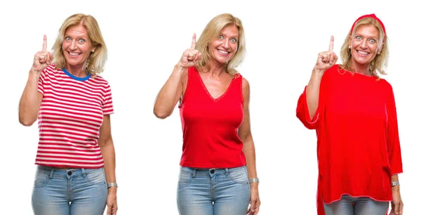 Collage Van Middenleeftijd Mooie Blonde Vrouw Witte Geïsoleerde Backgroud Wijzende — Stockfoto