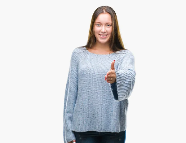 Young Beautiful Caucasian Woman Wearing Winter Sweater Isolated Background Smiling — Stock Photo, Image