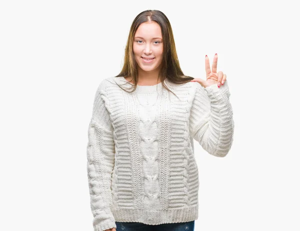 Young Beautiful Caucasian Woman Wearing Winter Sweater Isolated Background Showing — Stock Photo, Image