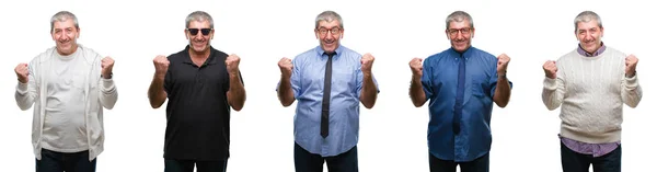 Collage Hombre Alzado Senior Sobre Fondo Blanco Aislado Celebrando Sorprendido —  Fotos de Stock