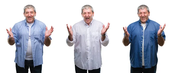 Collage Von Senior Hoary Mann Über Weißen Isolierten Hintergrund Feiert — Stockfoto