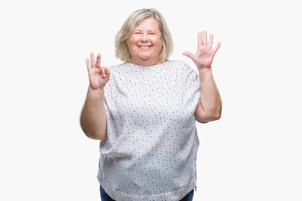 Senior Size Caucasian Woman Isolated Background Showing Pointing Fingers Number — Stock Photo, Image