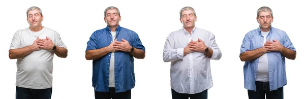 Collage Senior Hoary Man White Isolated Backgroud Smiling Hands Chest — Stock Photo, Image