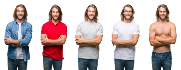 Collage Van Knappe Jongeman Dragen Casual Look Witte Geïsoleerde Backgroud — Stockfoto