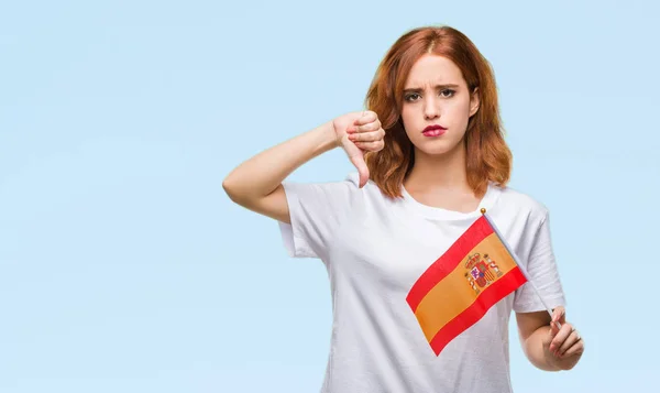 Joven Mujer Hermosa Sosteniendo Bandera España Sobre Fondo Aislado Con — Foto de Stock