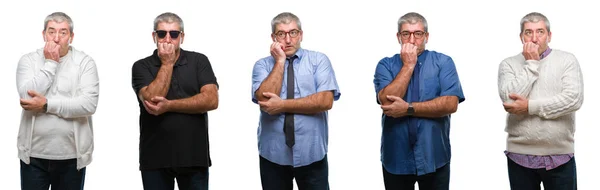 Collage Hombre Alzado Senior Sobre Fondo Aislado Blanco Mirando Estresado —  Fotos de Stock