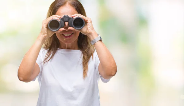 Middle Age Hispanic Woman Looking Binoculars Isolated Background Happy Face — Stock Photo, Image