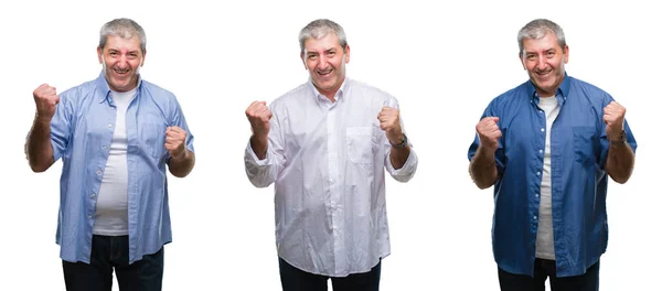 Colagem Homem Hoary Sênior Sobre Backgroud Isolado Branco Muito Feliz — Fotografia de Stock