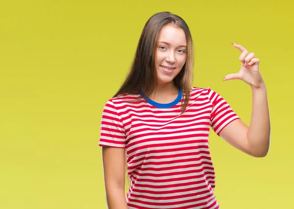 Young Caucasian Beautiful Woman Isolated Background Smiling Confident Gesturing Hand — Stock Photo, Image