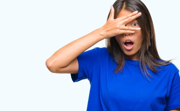 Young Asian Woman Isolated Background Peeking Shock Covering Face Eyes — Stock Photo, Image