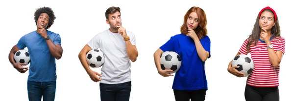 Collage People Holding Football Soccer Ball Isolated Background Serious Face — Stock Photo, Image