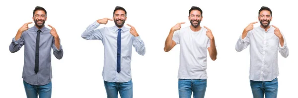 自信を示すと指歯と口を指して笑みを浮かべて白い分離 Backgroud のカジュアル ルックを着て青年のコラージュ 健康の概念 — ストック写真