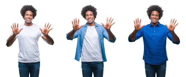 アフリカ系アメリカ人の若い上半身裸の男と孤立した背景表示と指で上向きにビジネスマンのコラージュ番号 自信を持って 幸せな笑みを浮かべて — ストック写真