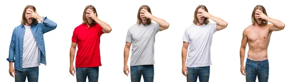 Collage Joven Guapo Con Mirada Casual Sobre Fondo Aislado Blanco —  Fotos de Stock