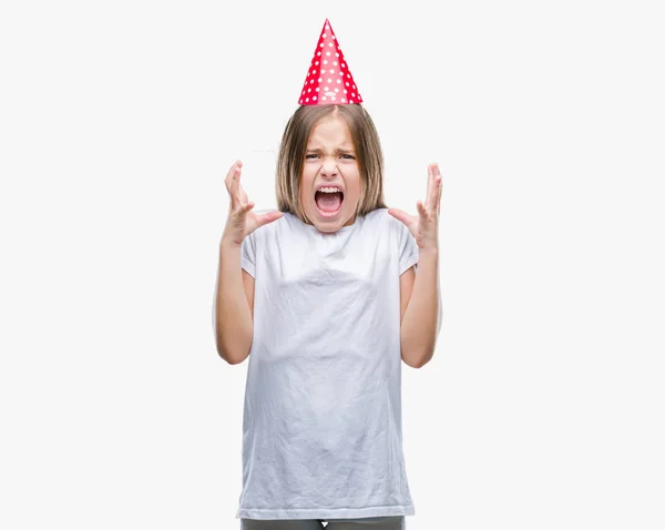 Menina Bonita Nova Usando Boné Aniversário Sobre Fundo Isolado Louco — Fotografia de Stock