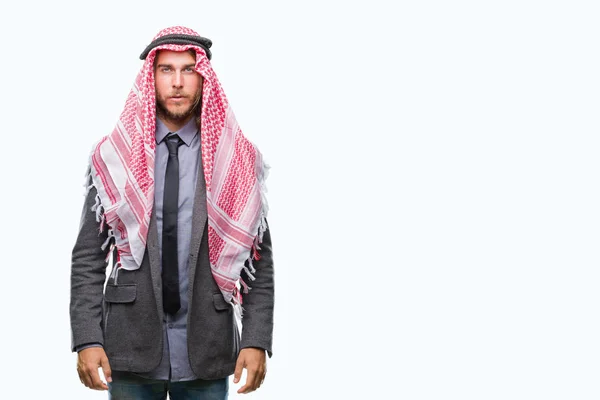 Joven Hombre Árabe Guapo Con Pelo Largo Usando Keffiyeh Sobre — Foto de Stock