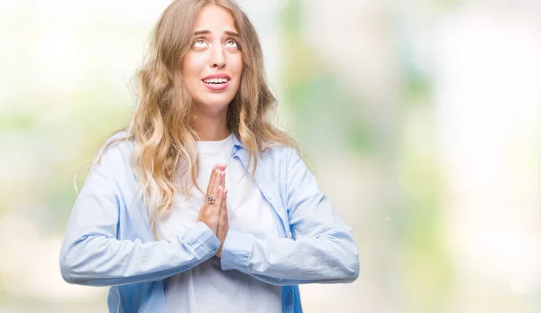 Beautiful Young Blonde Woman Isolated Background Begging Praying Hands Together — Stock Photo, Image