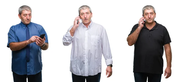 Collage Senior Hoary Man Using Smartphone White Isolated Backgroud Confident — Stock Photo, Image