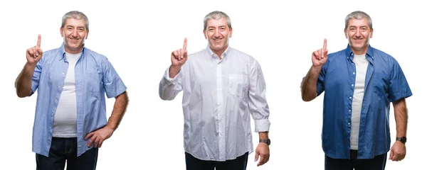 白い分離背景表示と自信を持って 幸せな笑みを浮かべて 指番号のいずれかで上向きにシニアの白髪男のコラージュ — ストック写真