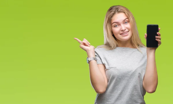 Young Caucasian Woman Showing Screen Smartphone Isolated Background Very Happy — Stock Photo, Image