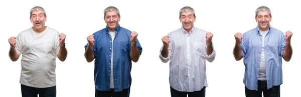 Colagem Homem Hoary Sênior Sobre Backgroud Isolado Branco Comemorando Surpreso — Fotografia de Stock