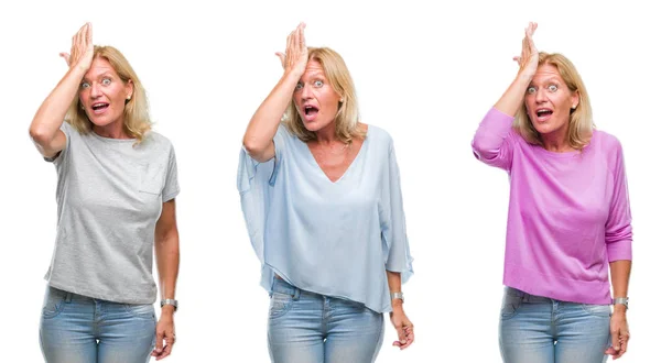 Collage Hermosa Mujer Rubia Mediana Edad Sobre Fondo Blanco Aislado — Foto de Stock