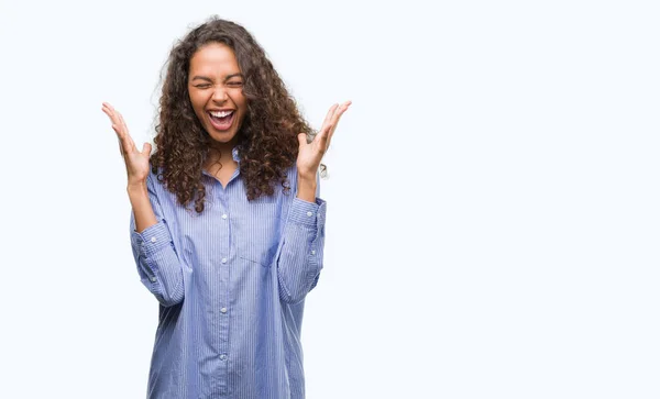 Young Hispanic Business Woman Celebrating Mad Crazy Success Arms Raised — Stock Photo, Image