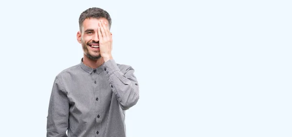 Young Hipster Man Covering One Eye Hand Confident Smile Face — Stock Photo, Image